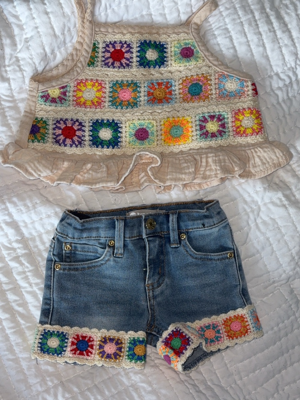 Crochet Granny Square Crop Top and Denim Shorts Set - Multi